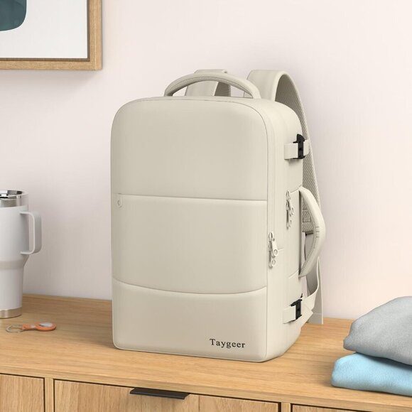 beige backpack with laptop sleeve On The Go Office Set multiple bottle pockets and a magnetic closure for easy open and close Large Travel Backpack Bag For